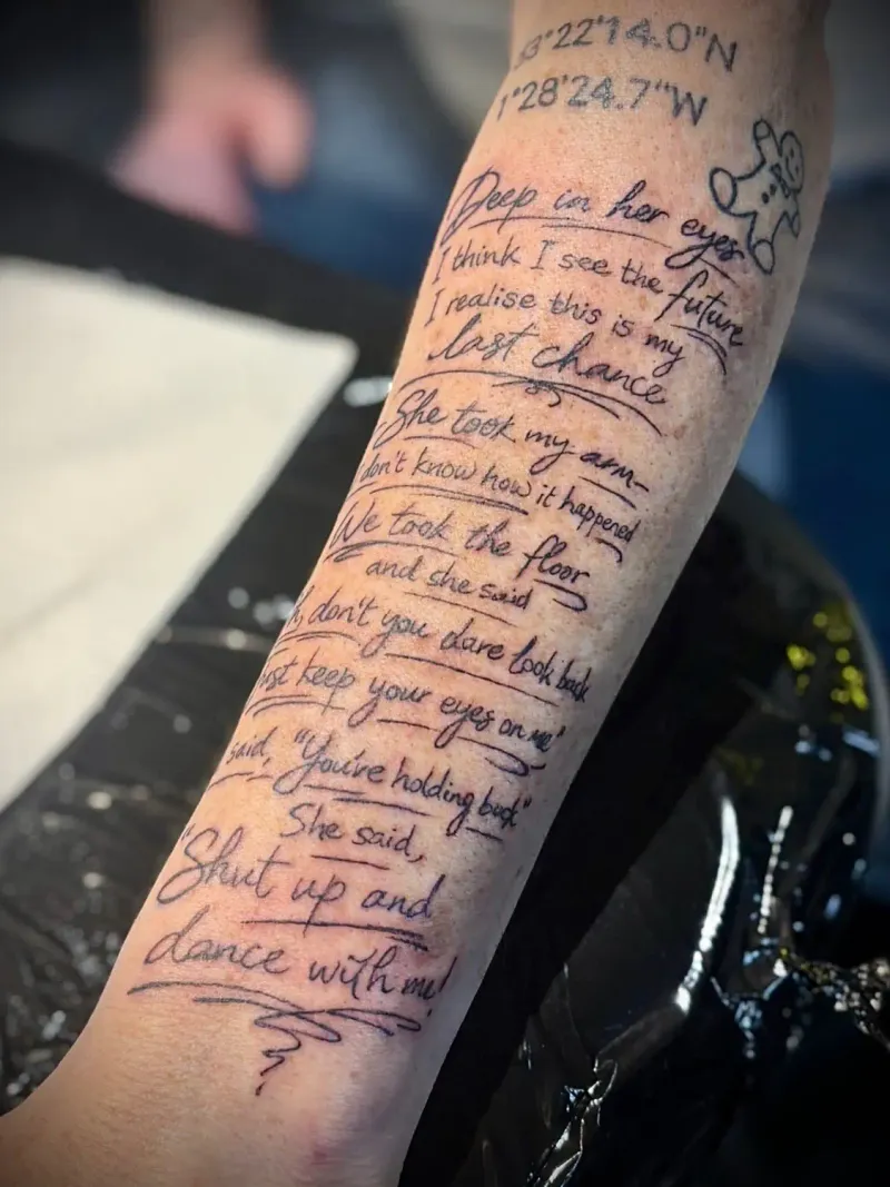 Alternative angle of handwritten lyrics and script work